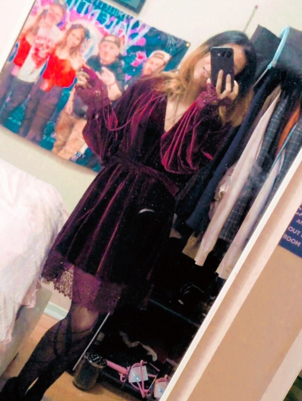 Commense Velvet Lace-Trim Wrap Dress — Deep Plum